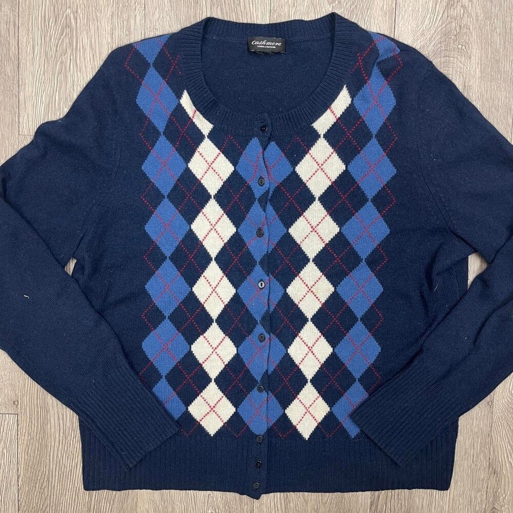 Cashmere Navy blue argyle cardigan with white and red diamond pattern